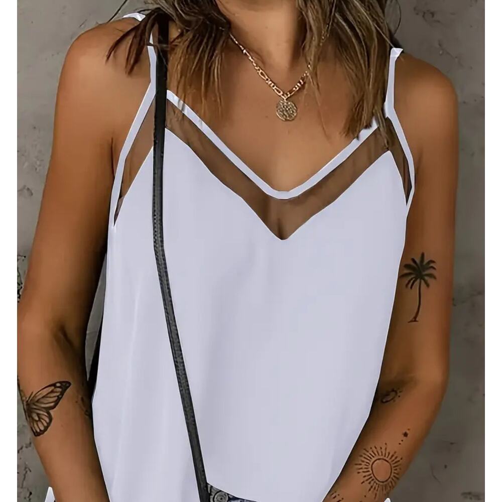 NWOT Plus Size 1X White Elegant Strap Tank Black Mesh Accent Curvy